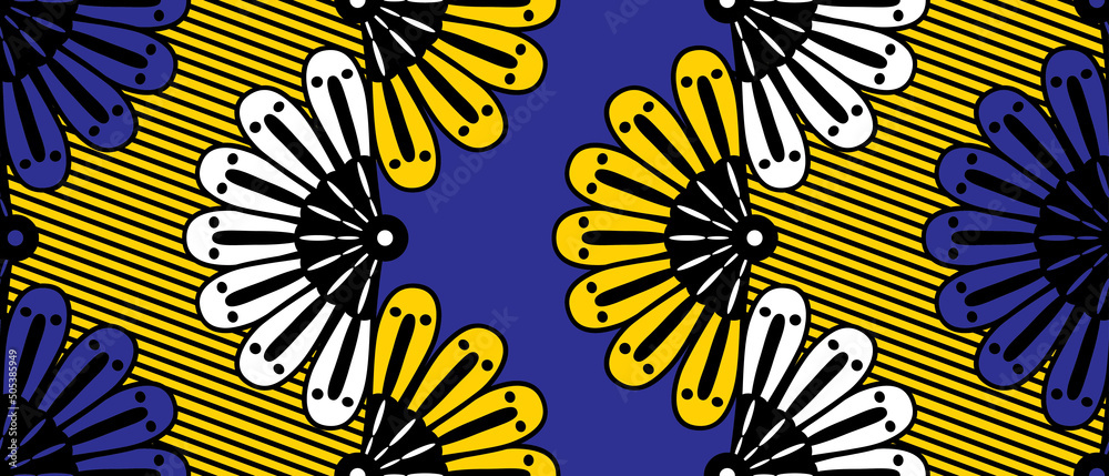 African ethnic traditional yellow and blue pattern. seamless beautiful Kitenge chitenge style. fashion design in colorful. Geometric abstract motif. Floral Ankara prints African wax prints. Stock Adob...