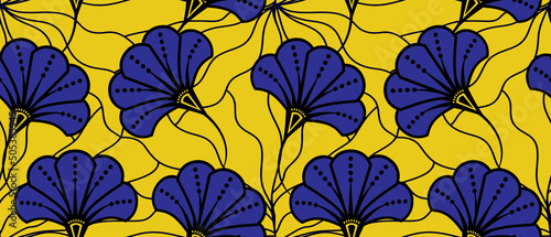 African ethnic traditional yellow  Blue pattern. seamless beautiful Kitenge  chitenge  dutch wax style. fashion design in colorful. botanical abstract motif. floral Ankara prints  African wax prints.