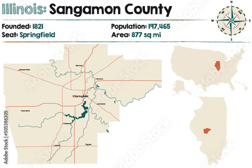 Large and detailed map of Sangamon county in Illinois  USA.