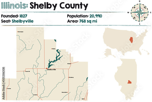 Large and detailed map of Shelby county in Illinois, USA. photo