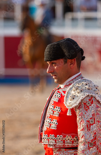 close up of a concentrated bullfighter in the bullfight