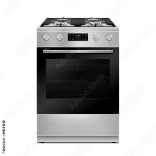 Kitchen gas stove. The household equipment. Realistic 3d Vector illustration. Front view. Isolated on white background