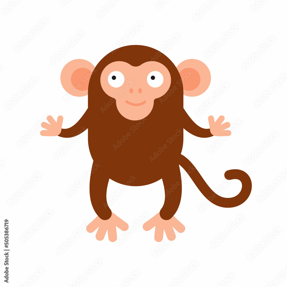 Obraz premium Cute little monkey isolated. Cartoon animal character for kids cards, baby shower, invitation, poster, t-shirt, house decor. Vector stock illustration.