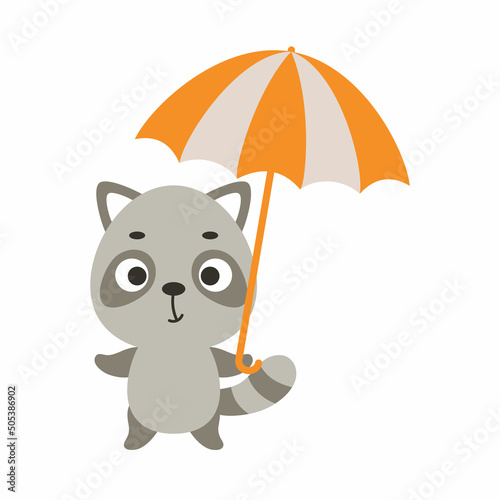 Cute little raccoon with umbrella. Cartoon animal character for kids t-shirts, nursery decoration, baby shower, greeting card, invitation, house interior. Vector stock illustration