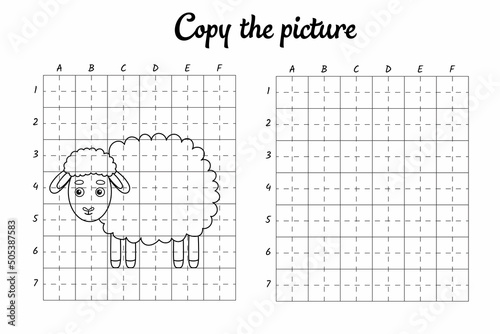 Copy the picture. Draw by grid. Coloring book pages for kids. Handwriting practice, drawing skills training. Education developing printable worksheet. Activity page. Cute cartoon vector illustration.
