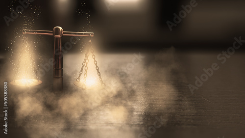 Fototapeta Naklejka Na Ścianę i Meble -  Dark abstract background. Antique scales, magic particles on the scales, fire, smoke. 3d illustration