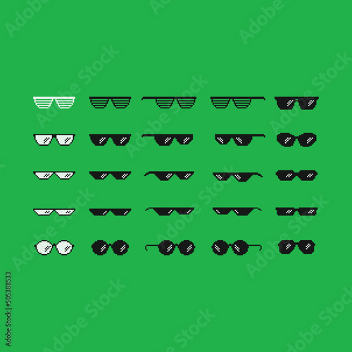 Pixel art sun glasses isolated on green chroma key background. Sunglasses, black and white different shape fashion shades in pixel art style. Vector illustration