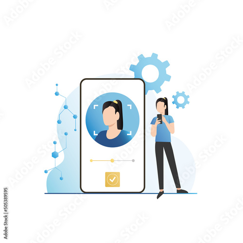 Biometric systems of authentication, identification, user authorization, identity card. Woman, girl unlocked smartphone in face id with biometric data to enter. Face recognition 2d, 3d.
