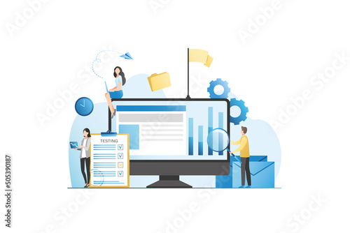 Testers, programmers look for errors on websites, browser. Setting up on Internet. Seo optimization. People with magnifying glass work in laptop, computer, check system. Teamwork on project.