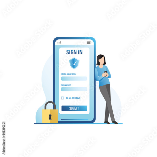 Woman in large smartphone enters personal, secret information in login, email, password for security access, login to website, account, profile on Internet. Data protection with padlock, shield.