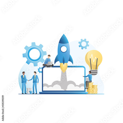 Team of employees launched successful start-up, Partners entered into deal, an agreement for big money, cash, coins. Rocket takes off from laptop, computer. Collaboration on idea, business project.