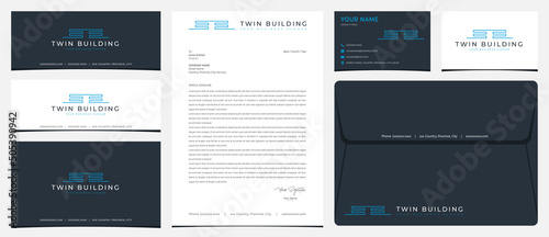 Twin building logo with stationery, business card and social media banner designs