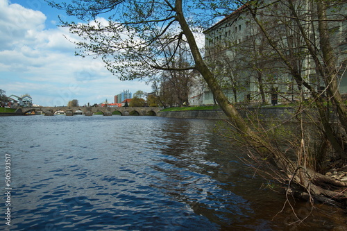 Historical stone bridge over the river Otava in Pisek,South Bohemian,Czech Republic,Europe,Central Europe
 photo