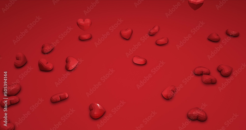 Romantic cute red falling polygonal hearts. Valentines Day. event background. 3D rendering 3D illustration Romantic cute red falling polygonal hearts. Valentines Day. event background. 3D rendering 3D illustration