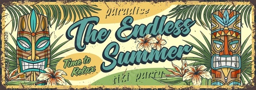 Summer beach tiki sign. Surfing poster with tiki mask and tropical leaves