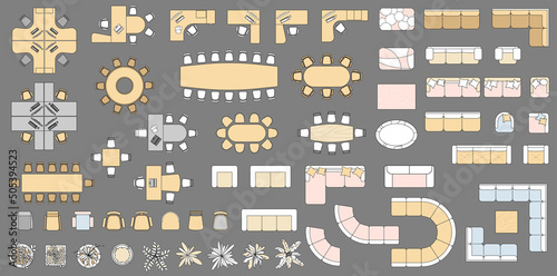 Set of Furniture elements top view for plan of office, house, apartment, workspace. Kit of objects. Colorful collection of Interior icon. Table, chair, sofa, plant. Symbol for interior design, project