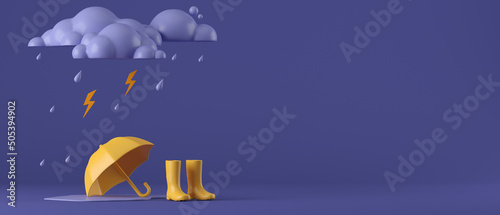 Schilderij op canvas 3d cartoon rain season rubber boots and yellow umbrella on dark purple background