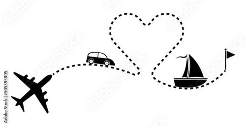 Travel agency concept illustration. Airplane, car, boat, flag, heart vector illustration. Travel, transport concept illustration to use in tourism, summer holiday, business travel projects. 