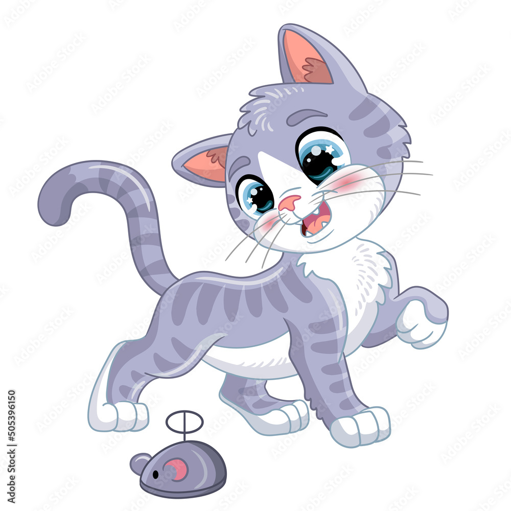 Cute gray kitten cartoon character vector illustration Stock Vector ...