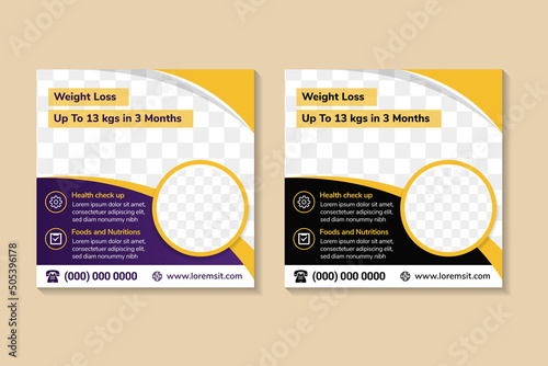 Template of universal vector social media post banner with place for photo and text. Design for health and nutrition. A sample on the theme of weigh loss. creative modern design with square layout. 