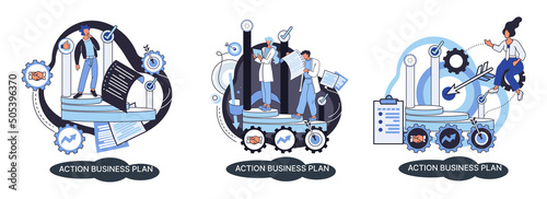 Action business plan, development strategies, foreseeing market risks. Company success secret, idea growing business achieve target metaphor, study production and sales market. Strategic biz planning