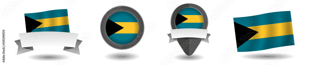 Bahamas flag vector collection. Pointers, flags and banners flat icon. Vector state signs illustration isolated on white background. Bahamas flag symbol on design element. Bahamas flag vector collection. Pointers, flags and banners flat icon. Vector state signs illustration isolated on white background. Bahamas flag symbol on design element.