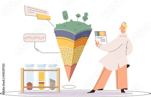 Soil analysis and earth pollution metaphor or structure control. Nutrients microorganism composition research ground layer structure sample. Soil laboratory test. Scientist measuring levels status