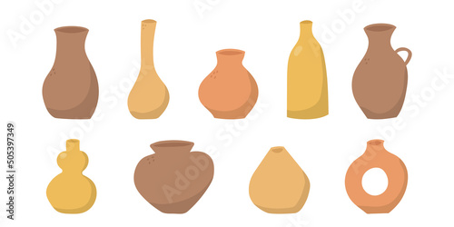 Set of hand drawn colorful vases and pots. Doodle clay pottery collection. Isolated vector illustration 