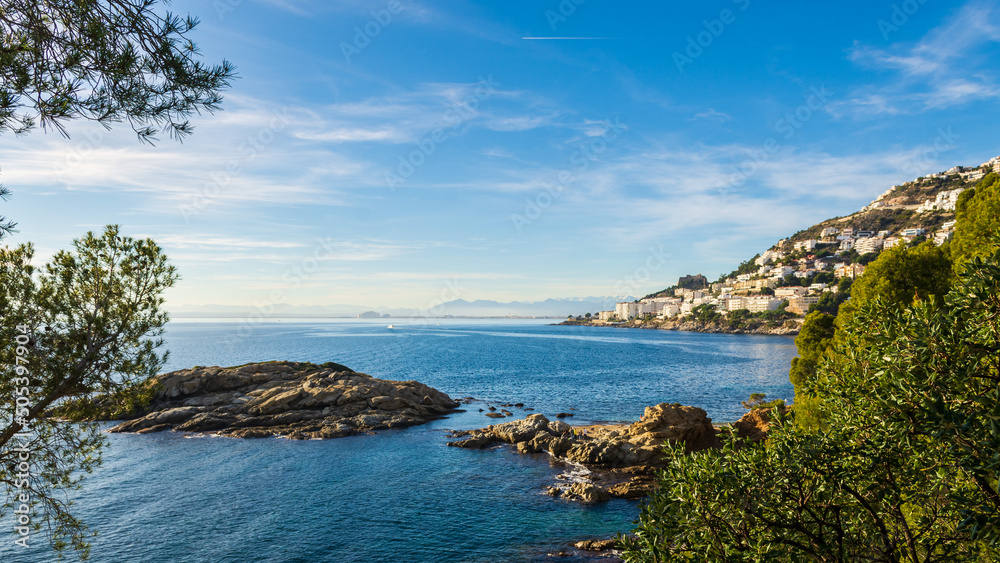 Beautiful panoramic view of the coastline of Roses, Costa Brava, Catalonya, Spain, Europe. Beautiful panoramic view of the coastline of Roses, Costa Brava, Catalonya, Spain, Europe.