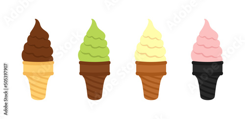 Chocolate, green pistachio, vanilla and pink berry ice cream in yellow, brown and black waffle cones isolated on a white background. Vector ice cream set