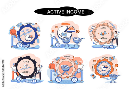Active income obtained in course of certain activity using your knowledge and skills, getting paid for work. Works, earns salary. Idea of financial growth, business development, wages. Activity growth