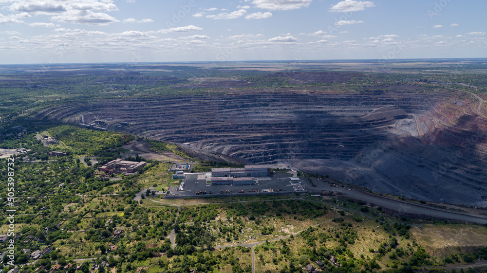Open pit iron ore quarry panoramic industrial landscape aerial view