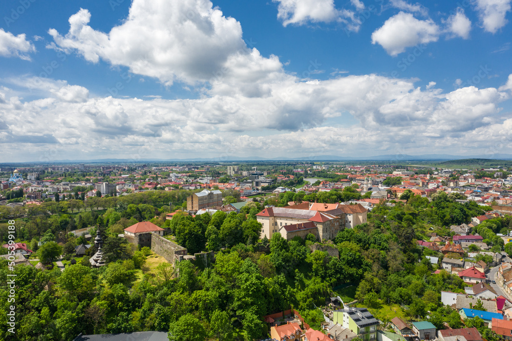 Castle in Uzhgorod aerial panorama city view
