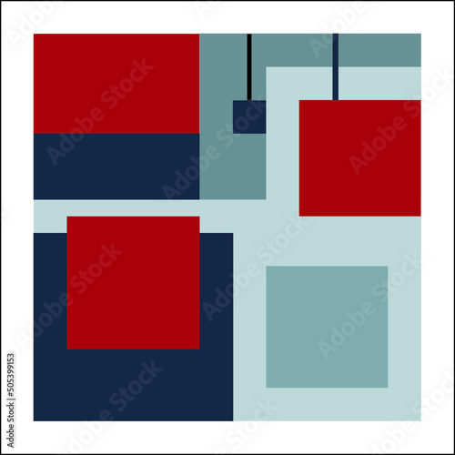 Wall frame for a picture or poster. Black frame, painting example. Abstract geometric image, squares and rectangles. Grey, light grey, black, grey-blue and red. Vector illustration