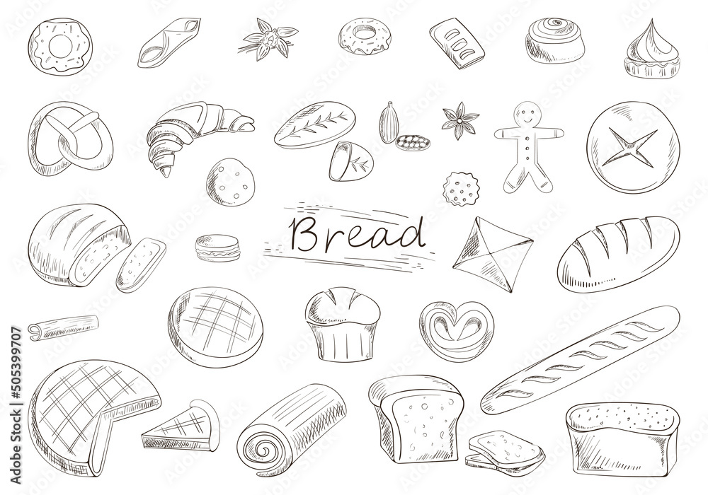 vector set of a sketch of buns and bread, various pastries. for the menu, signage and decoration of the confectionery and bakery vector set of a sketch of buns and bread, various pastries. for the menu, signage and decoration of the confectionery and bakery