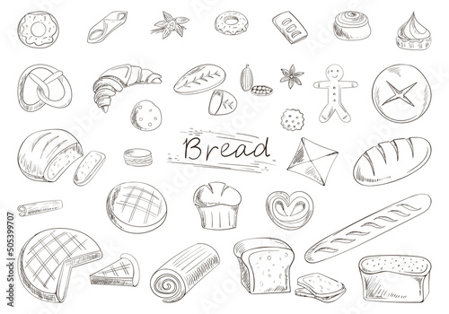 vector set of a sketch of buns and bread, various pastries. for the menu, signage and decoration of the confectionery and bakery