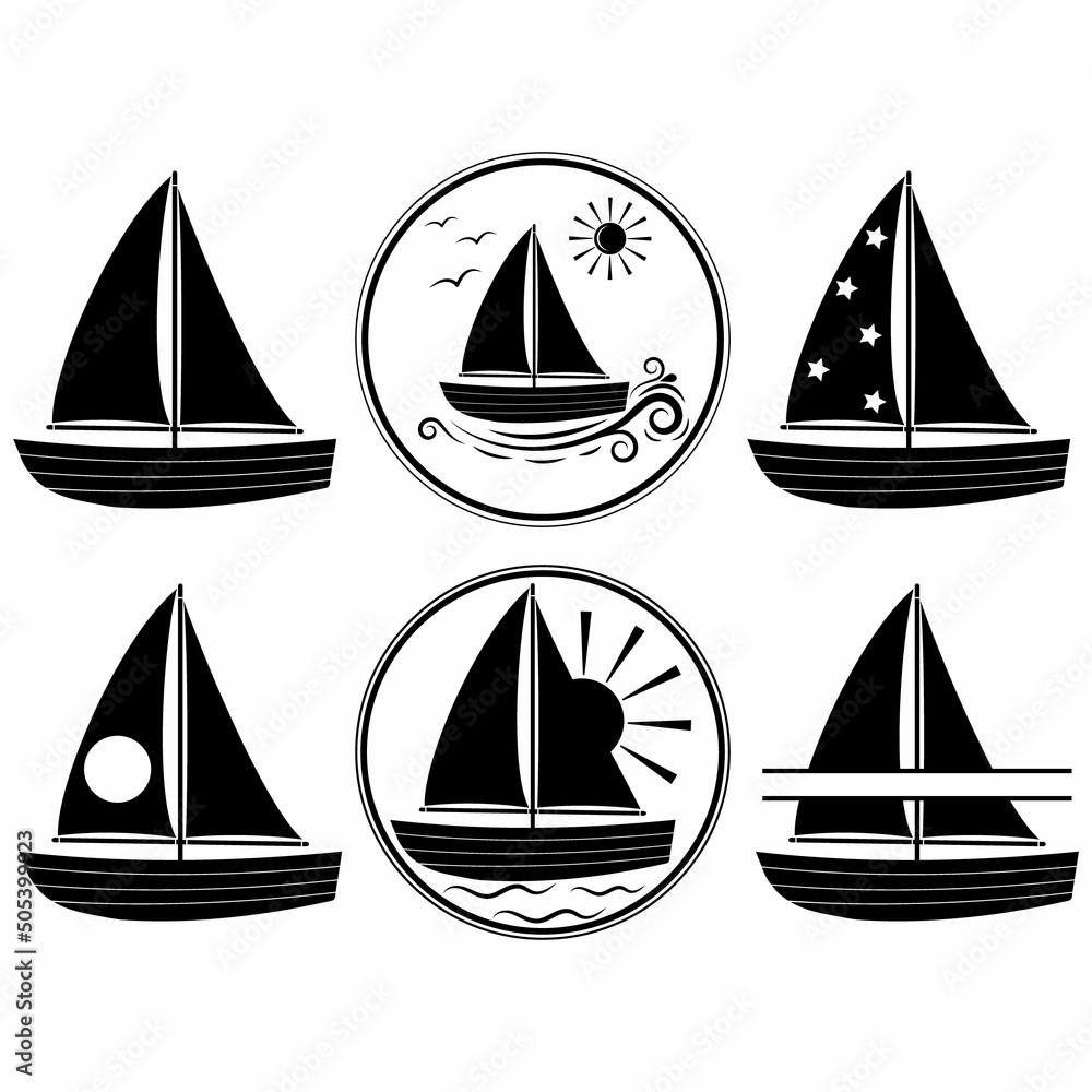 Wooden boat with sail stencil icon, vector illustration on white background.