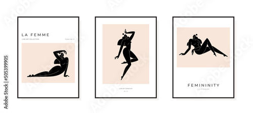 Contemporary abstract poster collection. Nude female body, woman silhouette, minimalist feminine boho design. Mid century Beauty, Femininity concept, prints set for wall art decor.Vector illustration