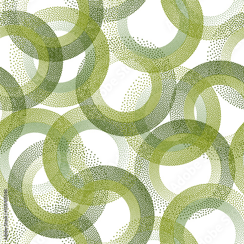 Circle ring shapes of dots contemporary vector seamless pattern.