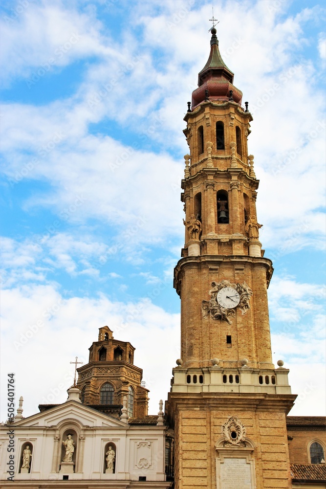 Cathedral  Salvador of Zaragoza, Spain front view photo vertical lower view to top