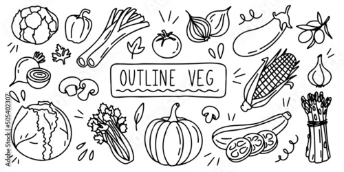 Variable fresh food healthy vegetables. Outline veg doodle hand drawing icon line sketch