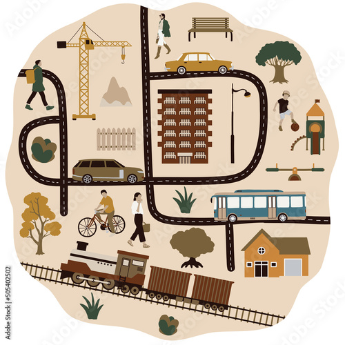 Vector premade map of the city with buildings, cars and people