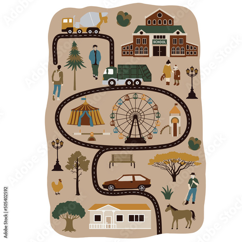 Vector premade map of the city with buildings, cars and people