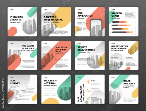 Social media post templates set with cityscape vector illustration on background. Square Instagram posts layouts for personal blog.