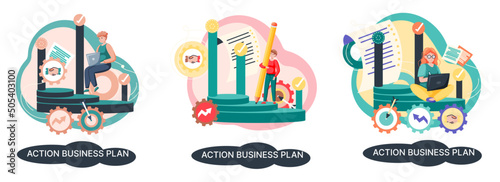 Action business plan, development strategies, foreseeing market risks. Company success secret, idea growing business achieve target metaphor, study production and sales market. Strategic biz planning