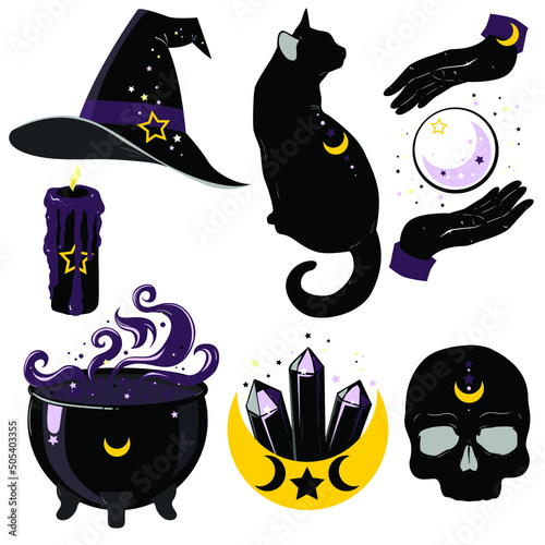 Set of witch magic elements. Halloween set. wiccan magic.