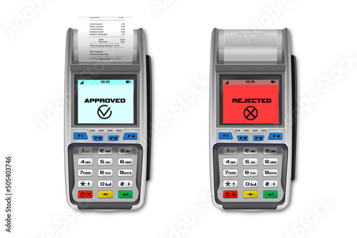 Vector Realistic Black 3d Payment Machine, Receipt. POS Terminal Set Isolated. Approved, Rejected Payment. Design Template of Bank Payment Terminal, Mockup. Processing NFC Payments Device.