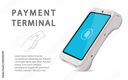 The concept of contactless payment with a card held in your hand and a POS terminal in a realistic design