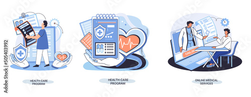 Online medical services mobile application consultation and prescription medicine professional doctor connecting and giving consultation for patient anywhere telemedicine metaphor, health care program