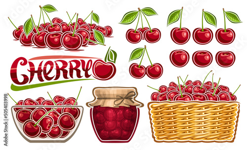Vector Cherry Set, lot collection of cut out illustrations cherry still life with green leaves, group of ripe cartoon design berries in glass dish, full straw basket, word cherry, healthy fruit jelly photo
